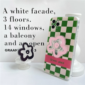 Green plaid phone case with a transparent pink flower-shaped pop-up grip stand