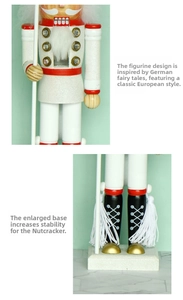 Detailed view of white glitter nutcracker with faux fur beard and gold red accents