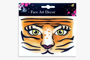 Tiger face glitter sticker with orange stripes and gold rhinestones for makeup art