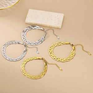 Braided Snake Chain Necklace And Bracelet Stainless Steel Minimalist Multi Strand Herringbone Jewelry For Women