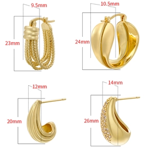 French vintage style gold braided U-shaped earrings and water drop hoop earrings set