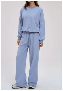 Detailed view of light blue loungewear set with drawstring waist and ribbed cuffs