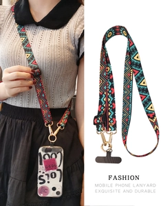 Detailed close-up of a colorful ethnic patterned adjustable crossbody phone lanyard