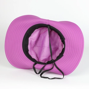Detail of rose purple sun hat with breathable black mesh lining and adjustable chin strap