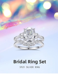 Macro detail of S925 silver bridal set with oval cut diamond and curved halo band