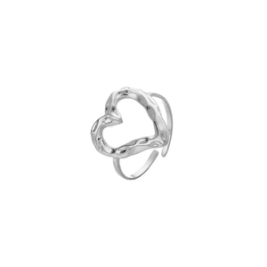 Elegant silver heart ring with hammer-patterned hollow design and adjustable open band
