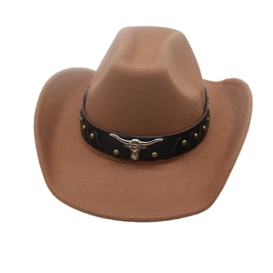 Brown western felt cowboy hat featuring black leather band and silver longhorn bull skull charm