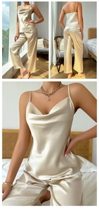 Detail view of champagne silk pajama set featuring a camisole top and straight-leg trousers