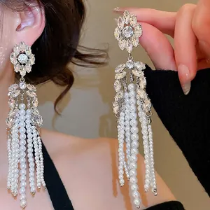 Luxurious Flower Rhinestone Long Tassel Drop Earrings With Silver Earring Post And Imitation Artificial Pearl For Women