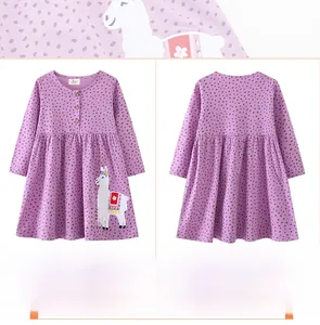 Detail of purple long-sleeve dress with alpaca embroidery and wooden buttons for girls