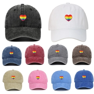 Washed cotton baseball caps with rainbow heart embroidery in ten assorted colors