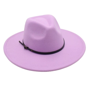 Detail of light purple felt fedora hat featuring a thin black leather band and metal buckle