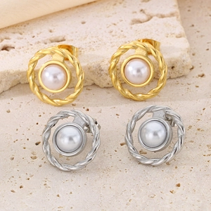 Elegant stainless steel pearl stud earrings with twisted rope metal border in gold and silver