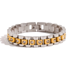 Two-tone stainless steel link bracelet with gold segments and round cubic zirconia inlay