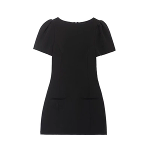 Black Mini Dress Off Shoulder Puff Short Sleeve Polyester Back Zipper Elegant Fashion Dress With Pocket Detail Women