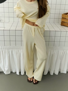 Tenue De Détente Femme Haut À Manches Longues Et Pantalon Large En Tricot De Coton Jacquard Cœur Pointelle Jaune