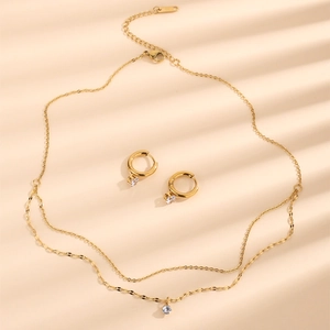 Jewelry Necklace And Earrings Minimalist Double Layer Stainless Steel Zircon Shiny Gold Plated Fashion For Women