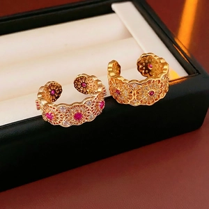 Anello Aperto Cavo Fiore Vintage Rame Placcato Oro Zircone Rosso Bianco Regolabile Stile Palazzo Gioielli Per Donne