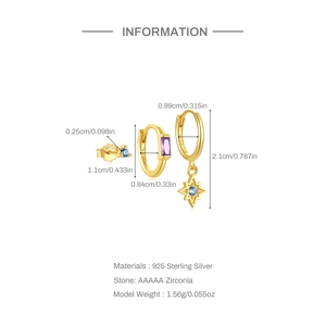 Detailed size measurement chart for S925 sterling silver star and moon earring set