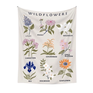 Detail of wildflower botanical chart tapestry with vintage floral illustrations and names