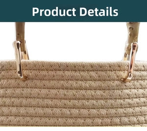 Detail of woven cotton rope bag featuring natural bamboo handle and gold metal D-ring