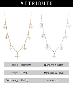Macro detail of S925 sterling silver necklace with zircon flower charms and plating info