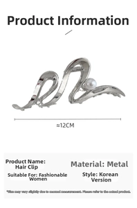 Detail showing a 12cm silver metallic hair claw clip with a sleek wave design and white pearl