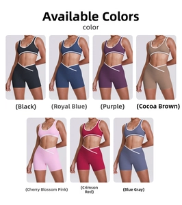 Close-up showcasing seven color variants of contrast trim yoga sports bra and shorts sets