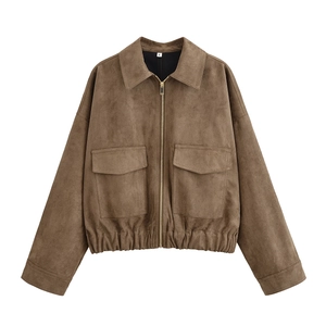 Vintage brown faux suede zip-up utility jacket with front flap pockets for women