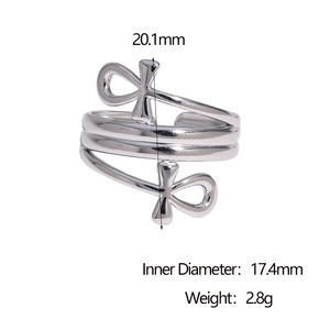 Detailed view of silver Ankh cross open ring with triple band design and dimensions