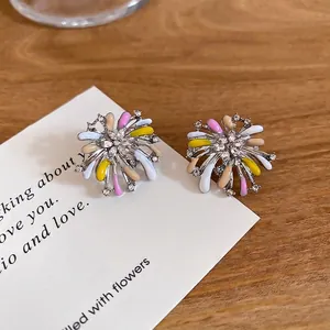 Elegant fireworks floral stud earrings with colorful drip oil and sparkling rhinestones