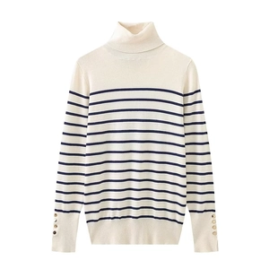 Women's slim fit turtleneck striped knit sweater with gold buttons on cuffs