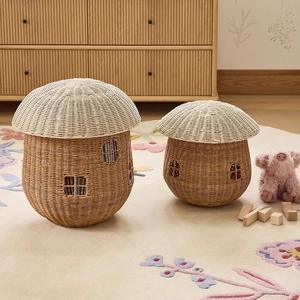 Woven Storage Basket Mushroom House Circus Tent Rattan Wicker Toy Organizer With Lid Nursery Home Decor Handwoven Natural