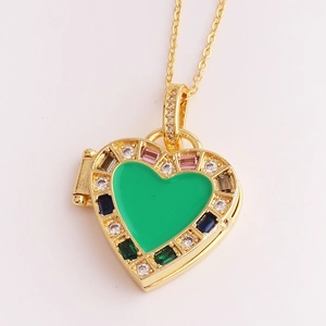 Green Enamel Heart Locket Necklace Gold Plated Brass With Colorful Cubic Zirconia Pendant Jewelry For Women Fashion Simple