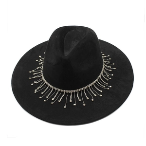 Detail of bridal black wide brim fedora with sparkling diamond tassel fringe decorations