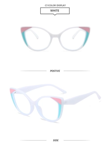 Detailed views of white cat-eye glasses frame with pink and blue accent details