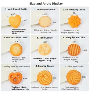 Size guide table showing various PVC artificial cookie and biscuit models with dimensions