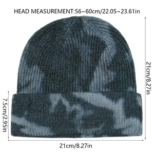 Detailed size measurement chart of tie-dye knitted beanie with cuffed edge design