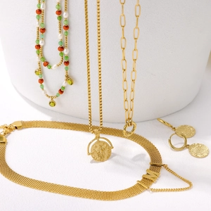Chic multi-layered necklace set with colorful beads, gold coin pendant and letter M charm