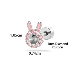 Cute bunny ear stud in silver metal with pink enamel and 4mm rhinestone setting space