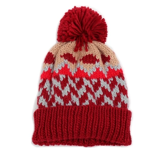 Knit beanie with red pompom and geometric diamond jacquard pattern in red beige and grey