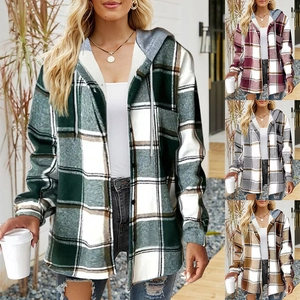 Giacca a Camicia con Cappuccio a Quadri da Donna Casual a Maniche Lunghe Monopetto a Contrasto Oversize per Autunno Inverno