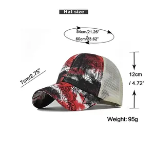 Size chart for tie-dye ponytail baseball cap showing head circumference and brim length