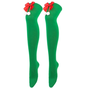Detail of green Christmas over-knee socks with red silk bow and white plush pom-poms
