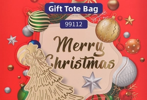 Detail of red Merry Christmas paper bag with gold tree and star patterns for gifts