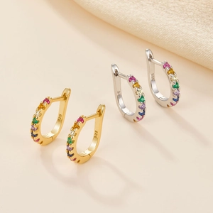 Elegant 925 sterling silver hoop earrings with vibrant rainbow colored zircon stones