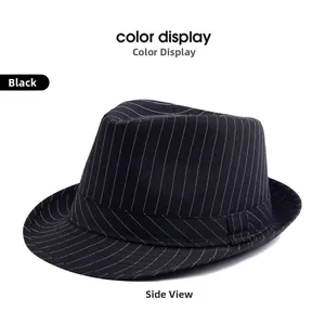 Side view of black British style Fedora with white pinstripes and decorative band