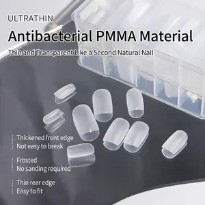 Ultrathin matte almond false nail set in a clear organizer box with seamless design