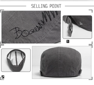 Detailed close-up of dark grey cotton beret showing embroidery and adjustable metal buckle