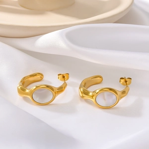 Vintage gold irregular C-shape stainless steel earrings with white mother of pearl inlay